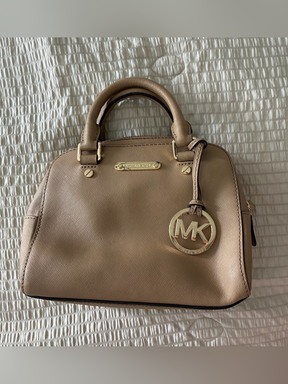 Michael Kors Taupe Saffiano Leather Satchel with Gold Hardware